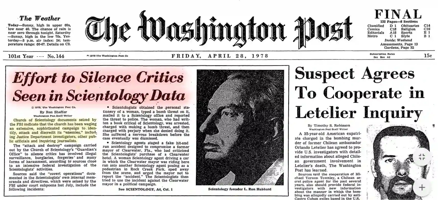 Inquiry into the activities of the church by the FBI, Washington Post, 1978.