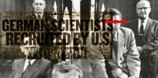 Artistic illustration of the Operation Paperclip showing the officials of Project Paperclip